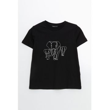 Tricou cu decolteu la baza gatului si imprimeu cu elefanti