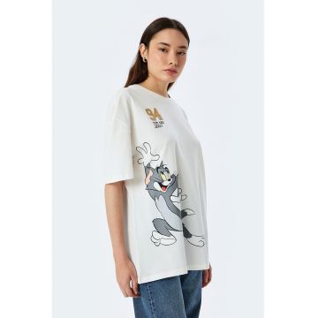 Tricou cu imprimeu cu Tom&Jerry si decolteu la baza gatului