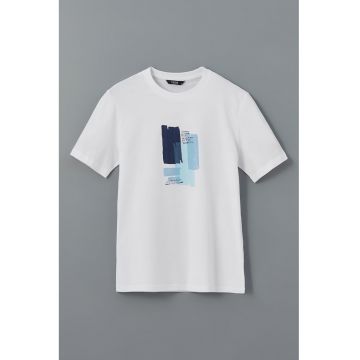 Tricou din bumbac cu decolteu la baza gatului si imprimeu