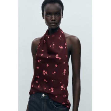 Top halter cu decolteu drapat si model floral