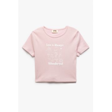 Tricou crop de bumbac cu imprimeu text