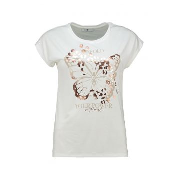 Tricou cu decolteu rotund si detalii cu aspect metalic