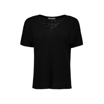 Tricou din amestec de in cu model uni si decolteu in V