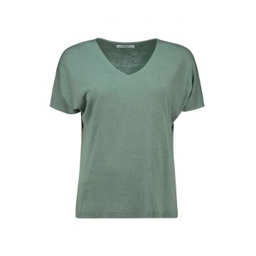 Tricou din amestec de in cu model uni si decolteu in V
