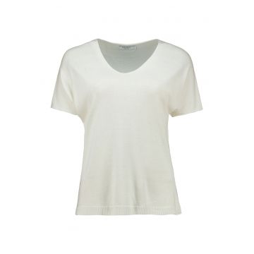 Tricou din amestec de in cu model uni si decolteu in V