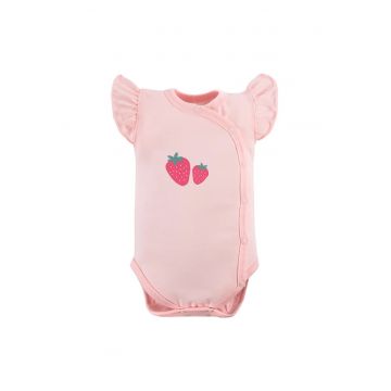 Body cu maneca scurta tip volan si model capsunele -  - Strawberry and Love - Roz - pentru fetite