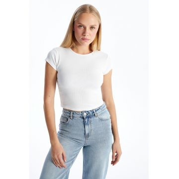 Tricou crop din amestec de bumbac cu aspect striat