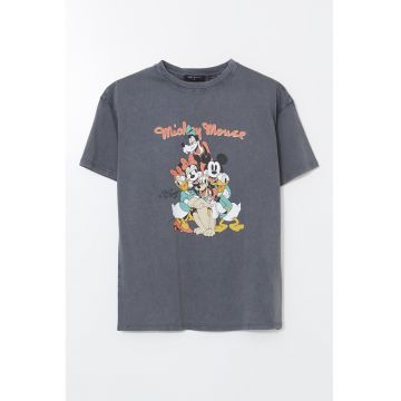Tricou cu decolteu la baza gatului si imprimeu cu desene animate