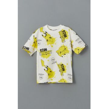 Tricou cu decolteu la baza gatului si model cu desene