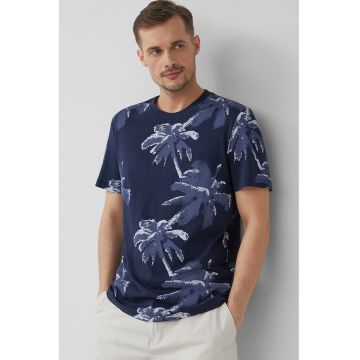 Tricou cu decolteu la baza gatului si model tropical