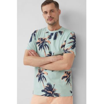 Tricou cu decolteu la baza gatului si model tropical