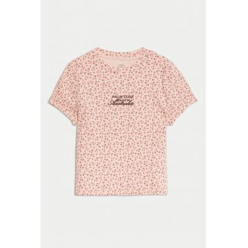 Tricou cu model floral si text brodat