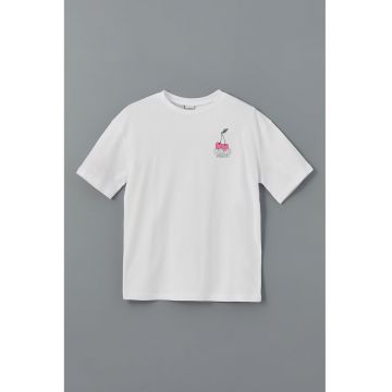 Tricou de bumbac cu imprimeu si decolteu la baza gatului