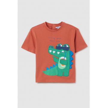 Tricou din bumbac cu imprimeu si decolteu la baza gatului