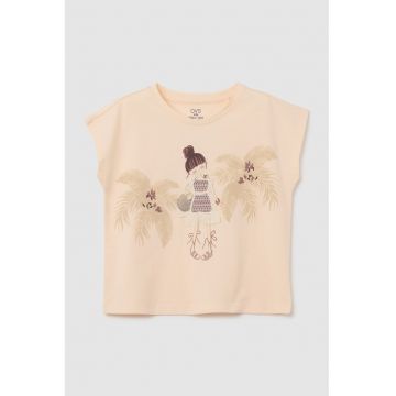 Tricou din bumbac cu imprimeu si detaliu brodat