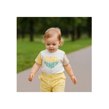 Tricou imprimat  - Keep Going - Alb cu maneci colorate - pentru fetite