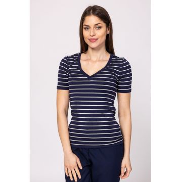 Tricou din amestec de modal cu decolteu in V si model in dungi Mistry