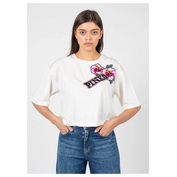 Tricou crop cu logo brodat si margele Titolato -