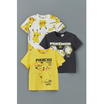 Set de tricouri de bumbac cu imprimeu Pikachu - 3 piese