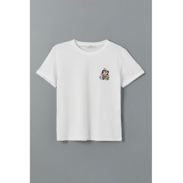 Tricou de bumbac cu imprimeu pe spate si decolteu la baza gatului