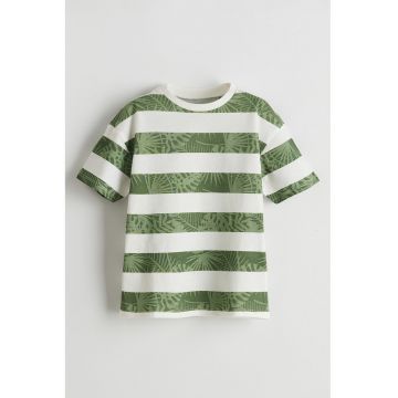 Tricou din bumbac cu model tropical si dungi
