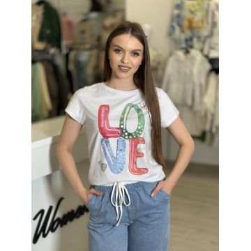 Tricou alb bumbac cu imprimeu LOVE rosu si verde
