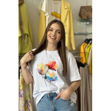 Tricou alb din bumbac cu imprimeu flori multicolore pastel