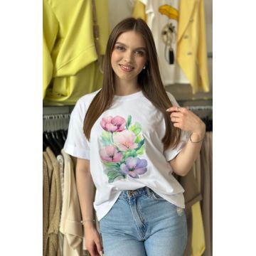 Tricou alb din bumbac cu imprimeu flori multicolore