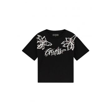 Tricou cu model logo - floral si strasuri