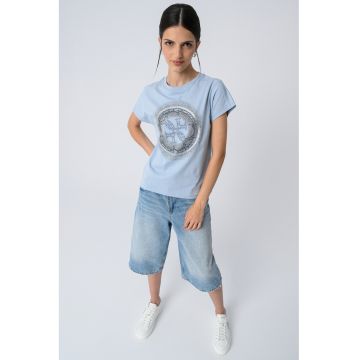 Tricou de bumbac cu imprimeu si strasuri