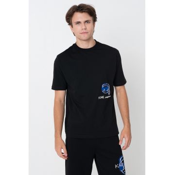 Tricou din bumbac cu decolteu la baza gatului si logo