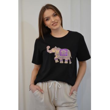 Tricou negru bumbac cu elefant mov si pietricele aplicate