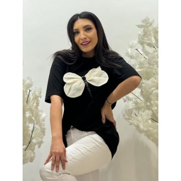 Tricou negru bumbac cu imprimeu libelula si pietricele aplicate