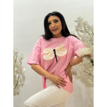 Tricou roz bumbac cu imprimeu libelula si pietricele aplicate