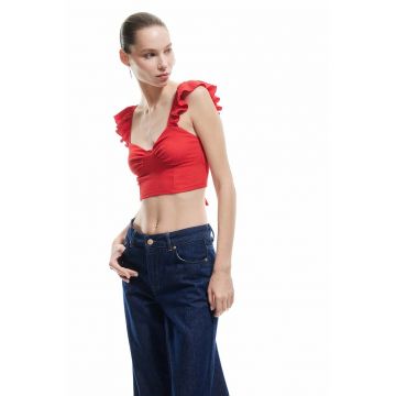 Top crop cu bretele cu volane