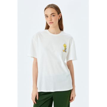 Tricou cu decolteu la baza gatului si imprimeu cu desene animate