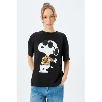 Tricou cu decolteu la baza gatului si imprimeu cu desene animate