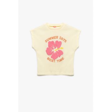 Tricou de bumbac cu imprimeu text si floral