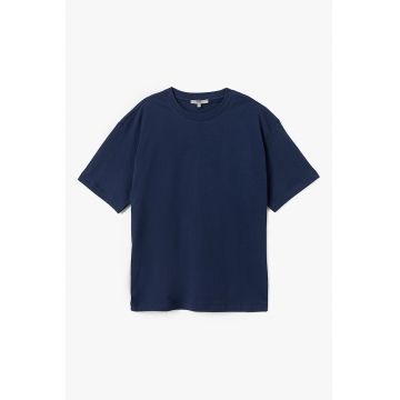 Tricou din bumbac cu model uni si decolteu la baza gatului