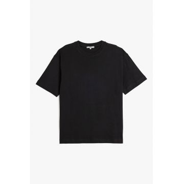 Tricou din bumbac cu model uni si decolteu la baza gatului