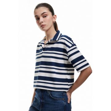 Tricou polo crop cu dungi - Alb - Bleumarin -