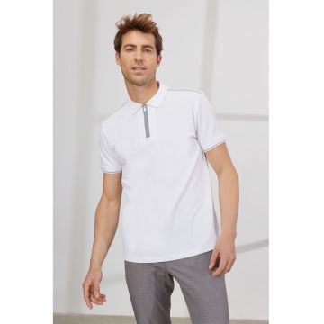 Tricou polo din amestec de bumbac cu fenta cu fermoar