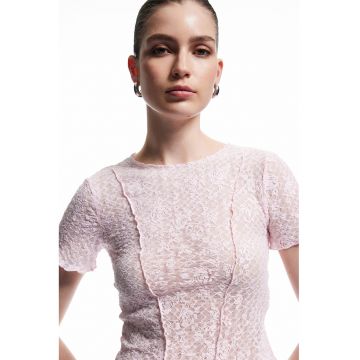 Tricou slim fit de dantela - Roz somon -