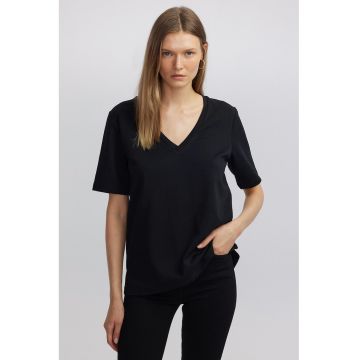 Tricou lejer din amestec de bumbac cu decolteu in V