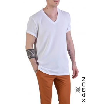 Tricou regular fit cu guler in V si aspect texturat