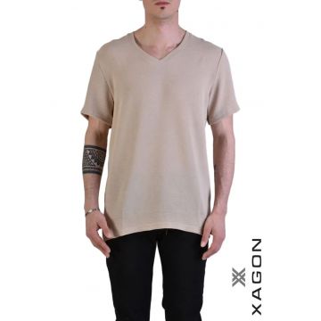 Tricou regular fit cu guler în V și aspect texturat