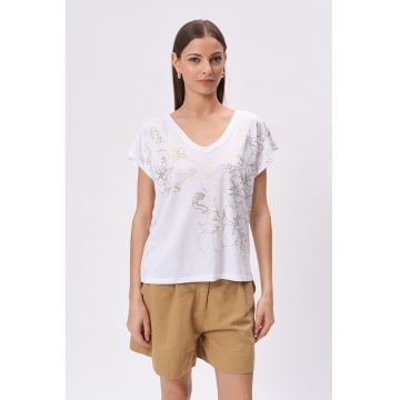 Tricou cu imprimeu floral si decolteu in V