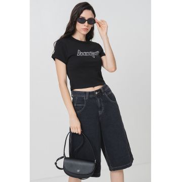 Tricou crop cu imprimeu logo frontal