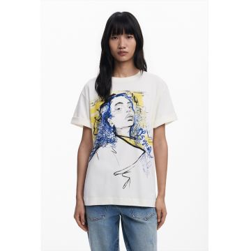 Tricou de bumbac cu imprimeu grafic si maneci cazute