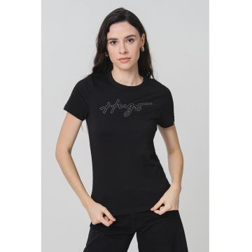 Tricou slim fit cu logo din strasuri
